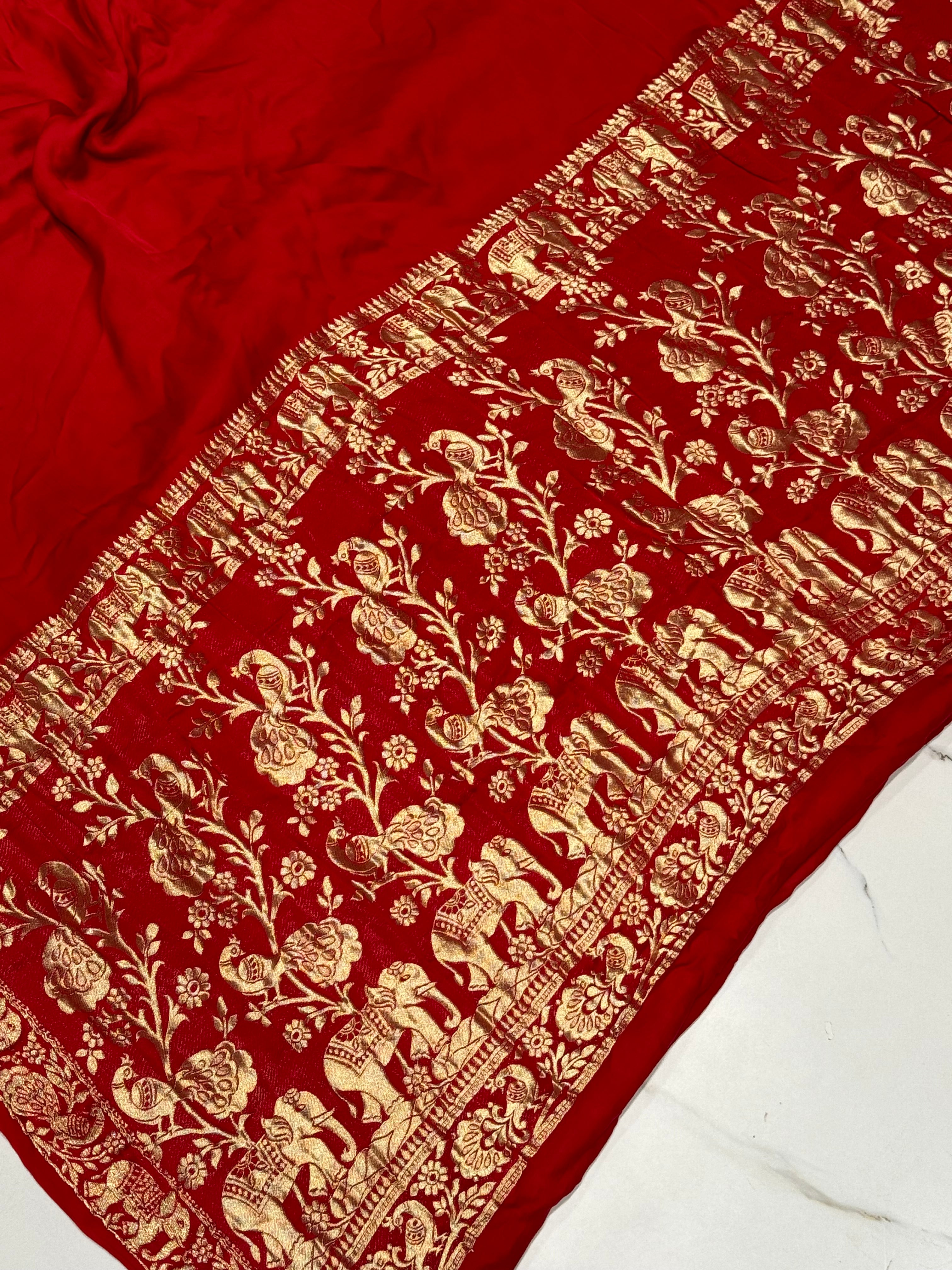 Ruby Red Plain Gajji Silk Nakshi Border Pallu Saree