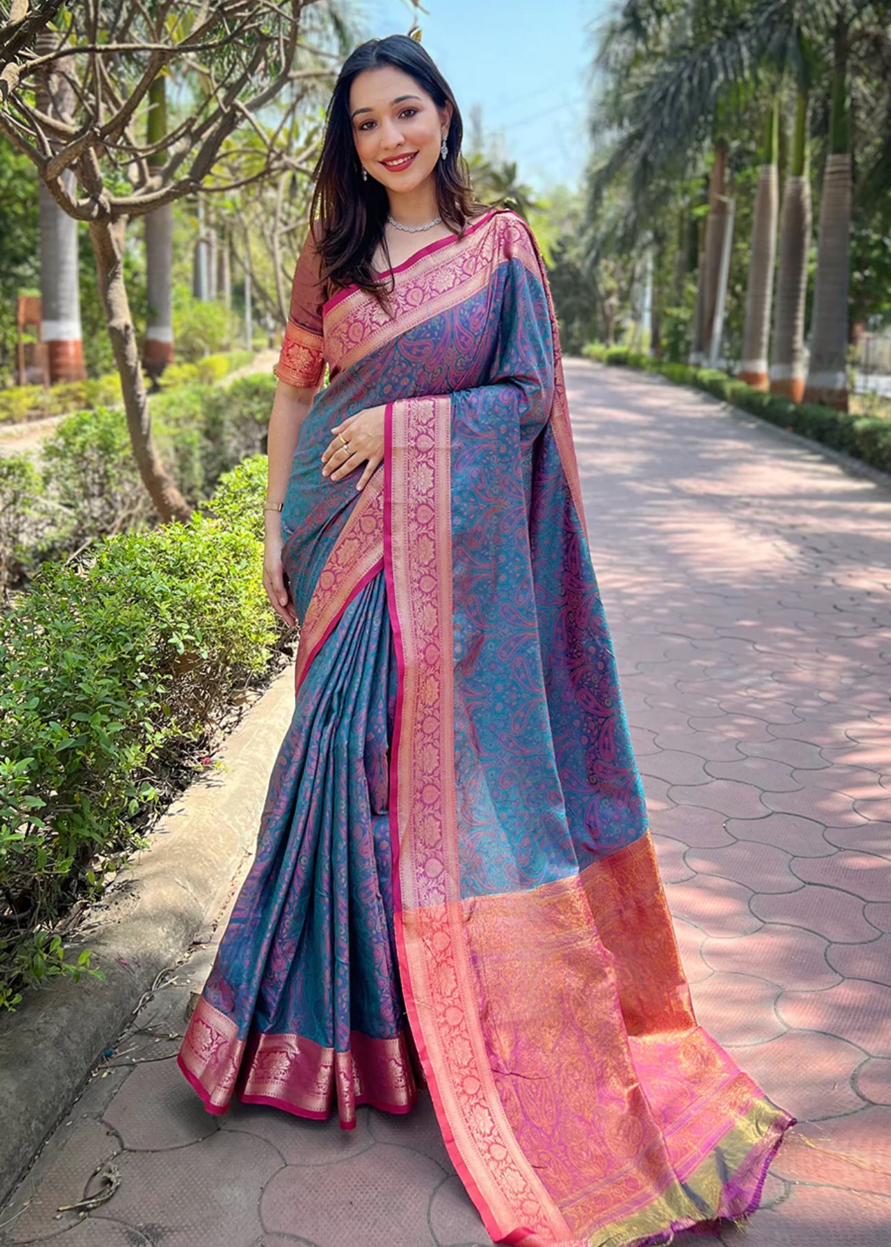 Soft Blue Kashmiri Work Silk Saree with Weaving Pallu