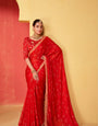 Soft Red Moss Chiffon Foil Mill Print And Embroidery Work Border Saree With Fancy Work Blouse Sbs4