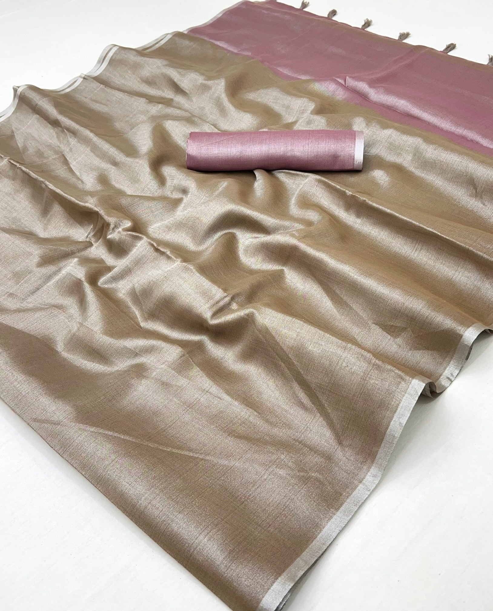 Fawn Brown Woven Tissue Soft Silk Saree With Blouse