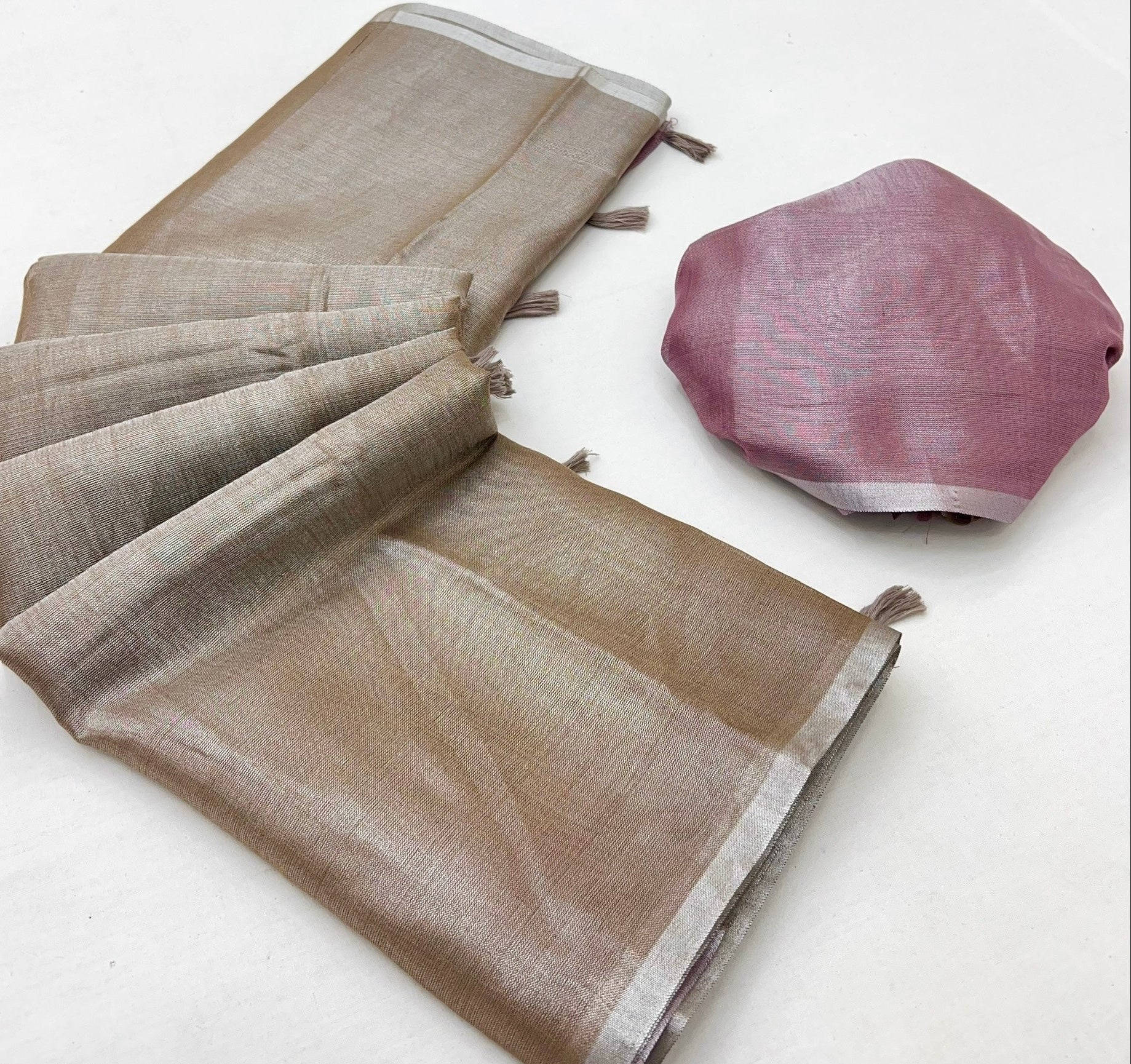 Fawn Brown Woven Tissue Soft Silk Saree With Blouse