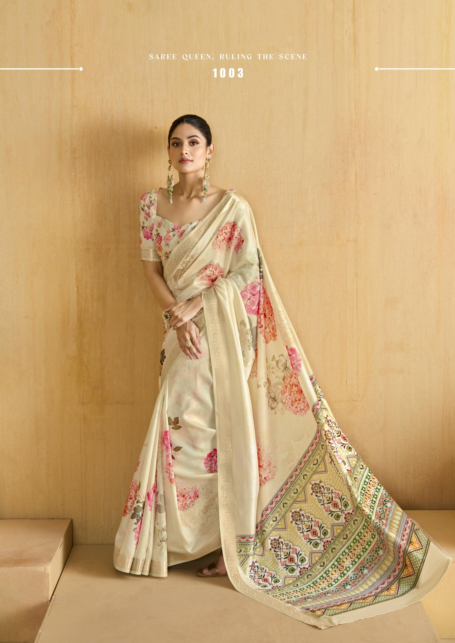 Cream Flower Soft Silk Weaving Border Saree