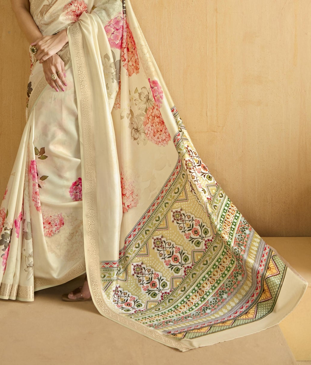 Cream Flower Soft Silk Weaving Border Saree