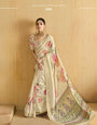 Cream Flower Soft Silk Weaving Border Saree