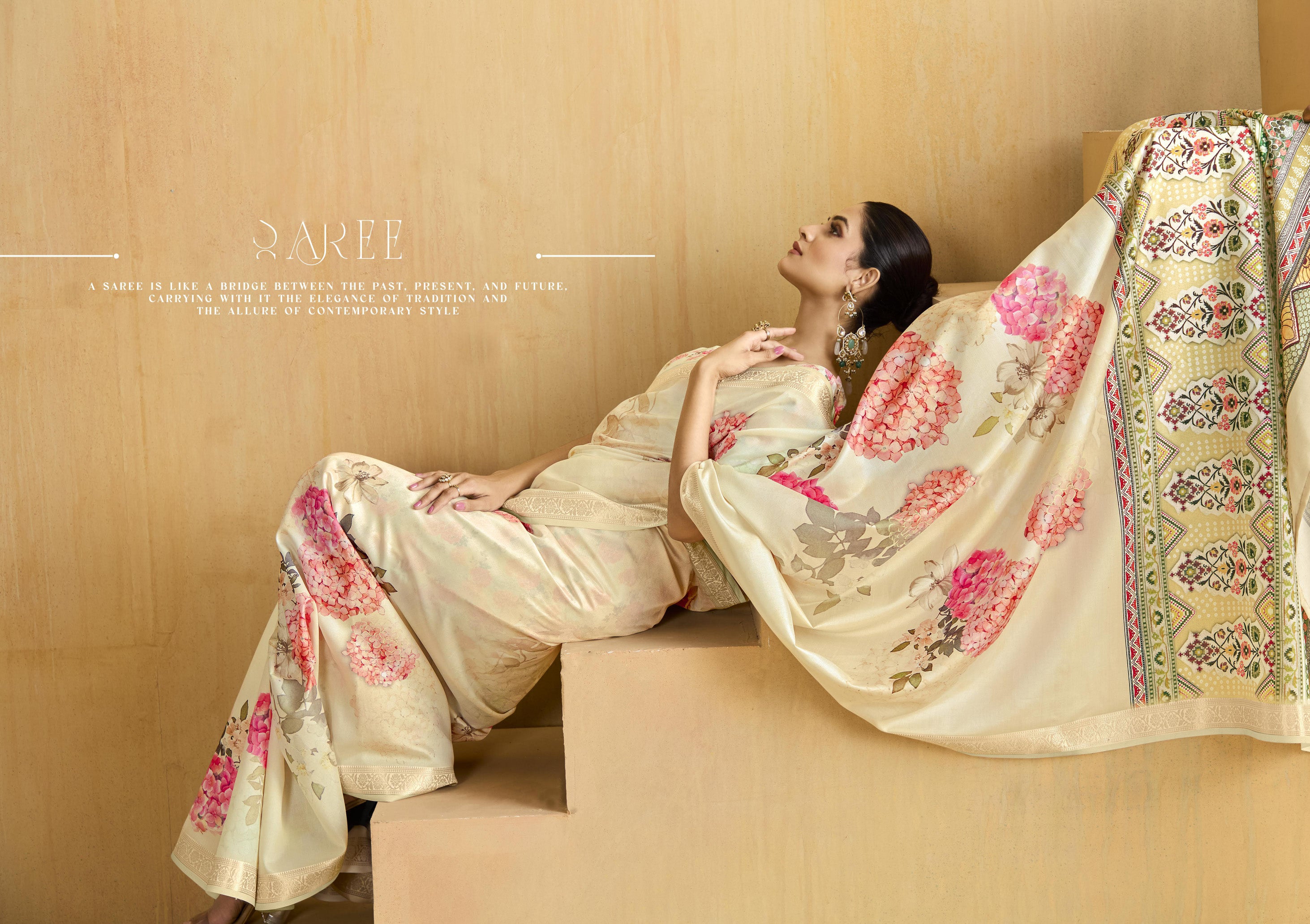 Cream Flower Soft Silk Weaving Border Saree