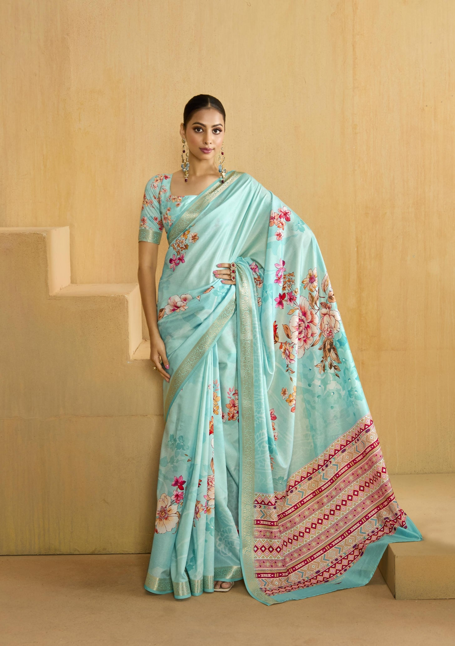 Sky Blue Flower Soft Silk Weaving Border Saree