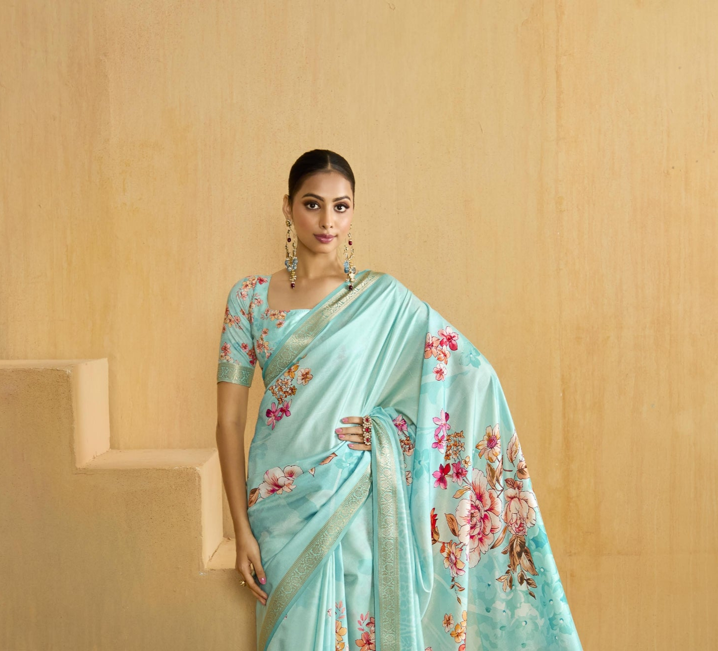 Sky Blue Flower Soft Silk Weaving Border Saree