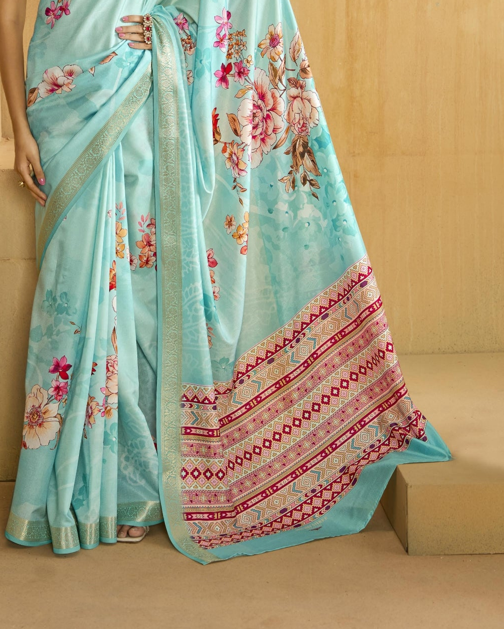 Sky Blue Flower Soft Silk Weaving Border Saree