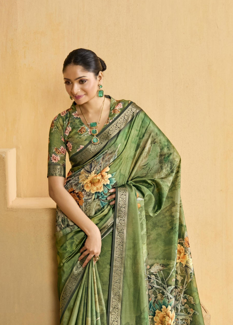 Green Flower Soft Silk Weaving Border Saree