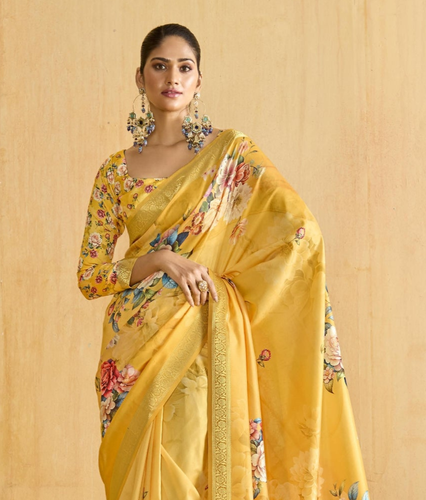 Yellow Flower Soft Silk Weaving Border Saree