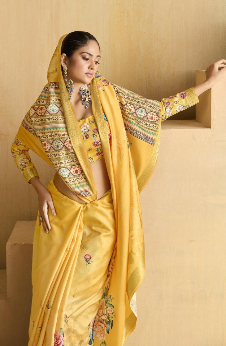 Yellow Flower Soft Silk Weaving Border Saree