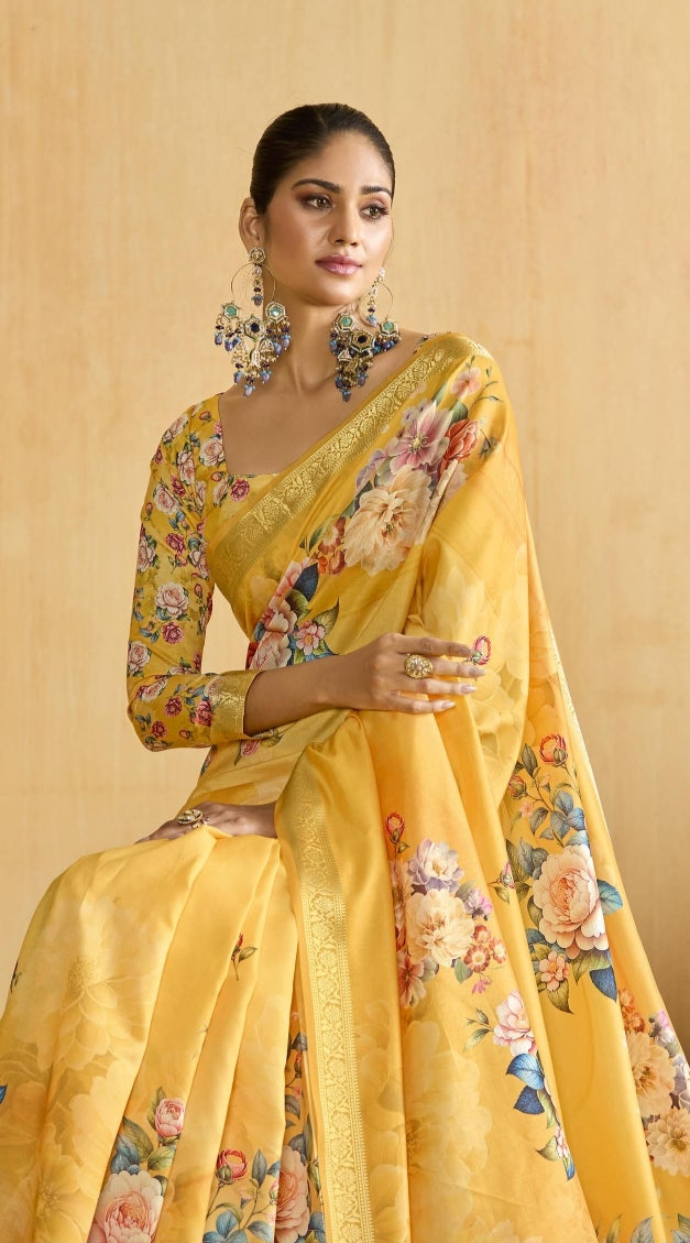 Yellow Flower Soft Silk Weaving Border Saree