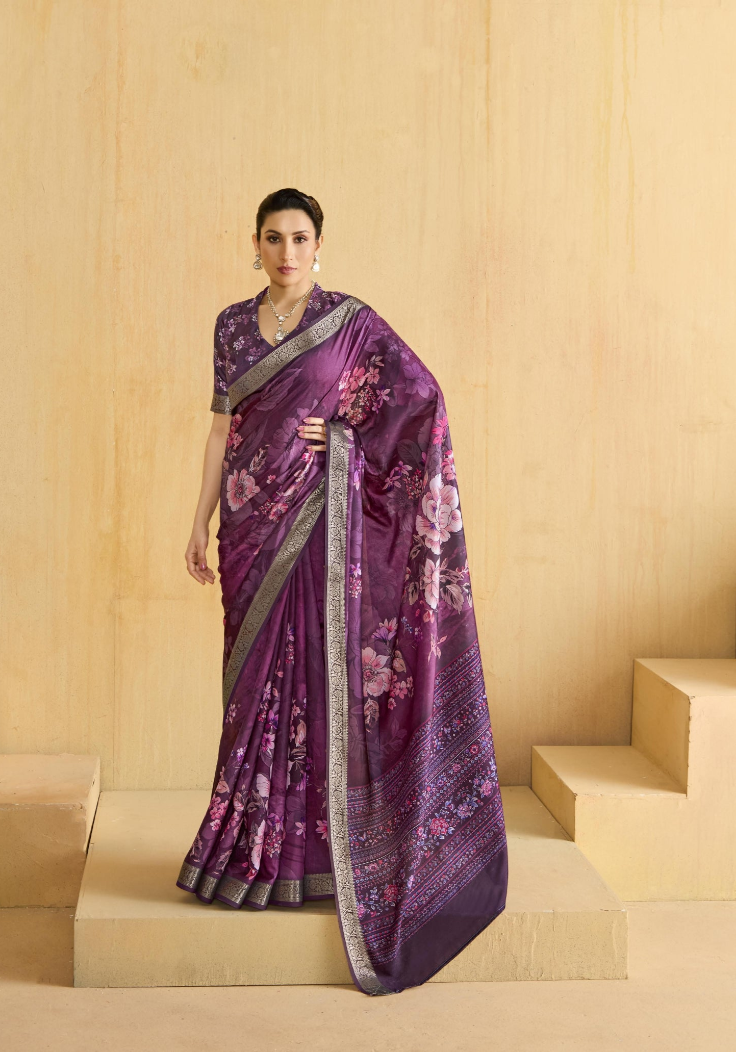 Purple Flower Soft Silk Weaving Border Saree