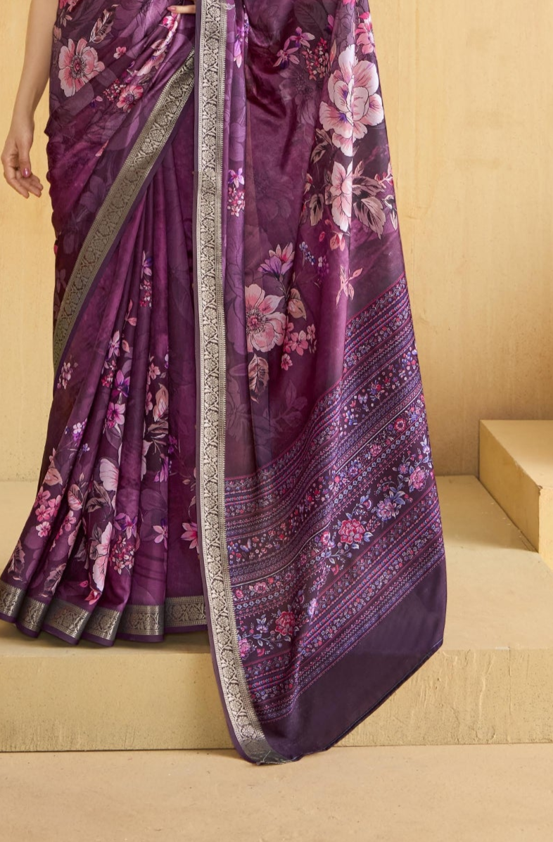 Purple Flower Soft Silk Weaving Border Saree