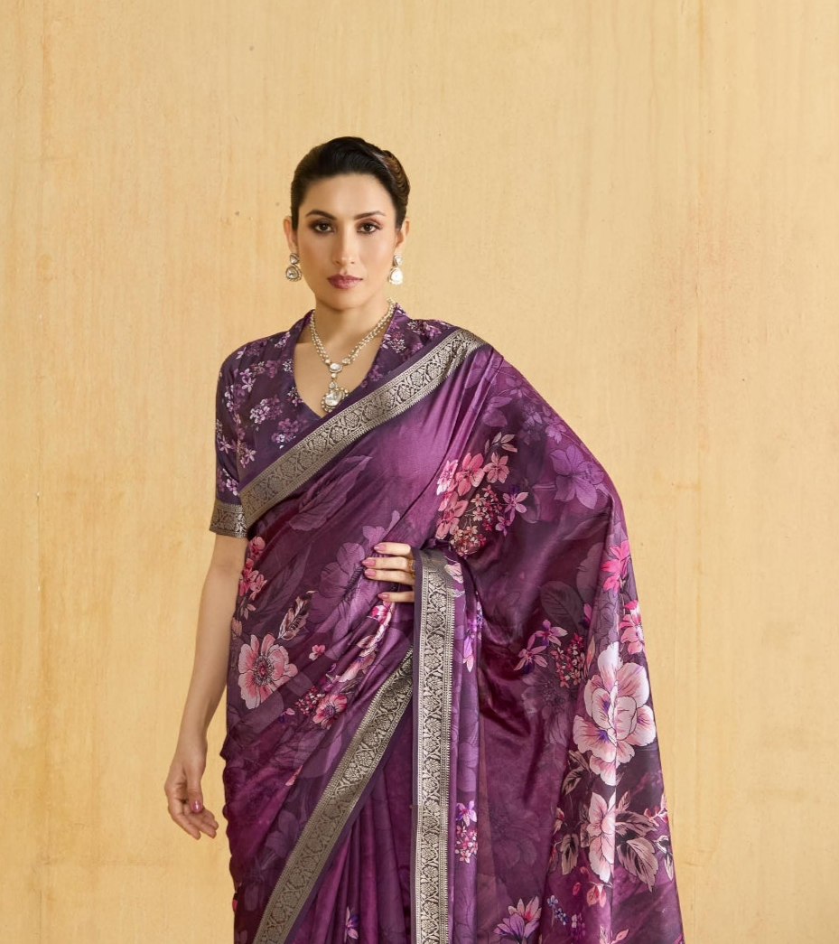 Purple Flower Soft Silk Weaving Border Saree