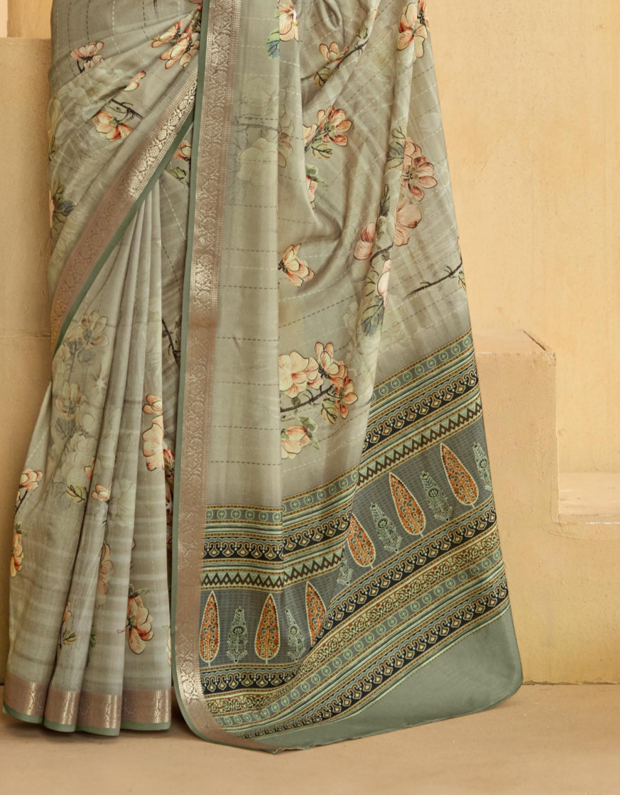 Light Grey Flower Soft Silk Weaving Border Saree