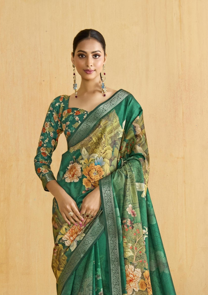 Dark Spring Green Flower Soft Silk Weaving Border Saree