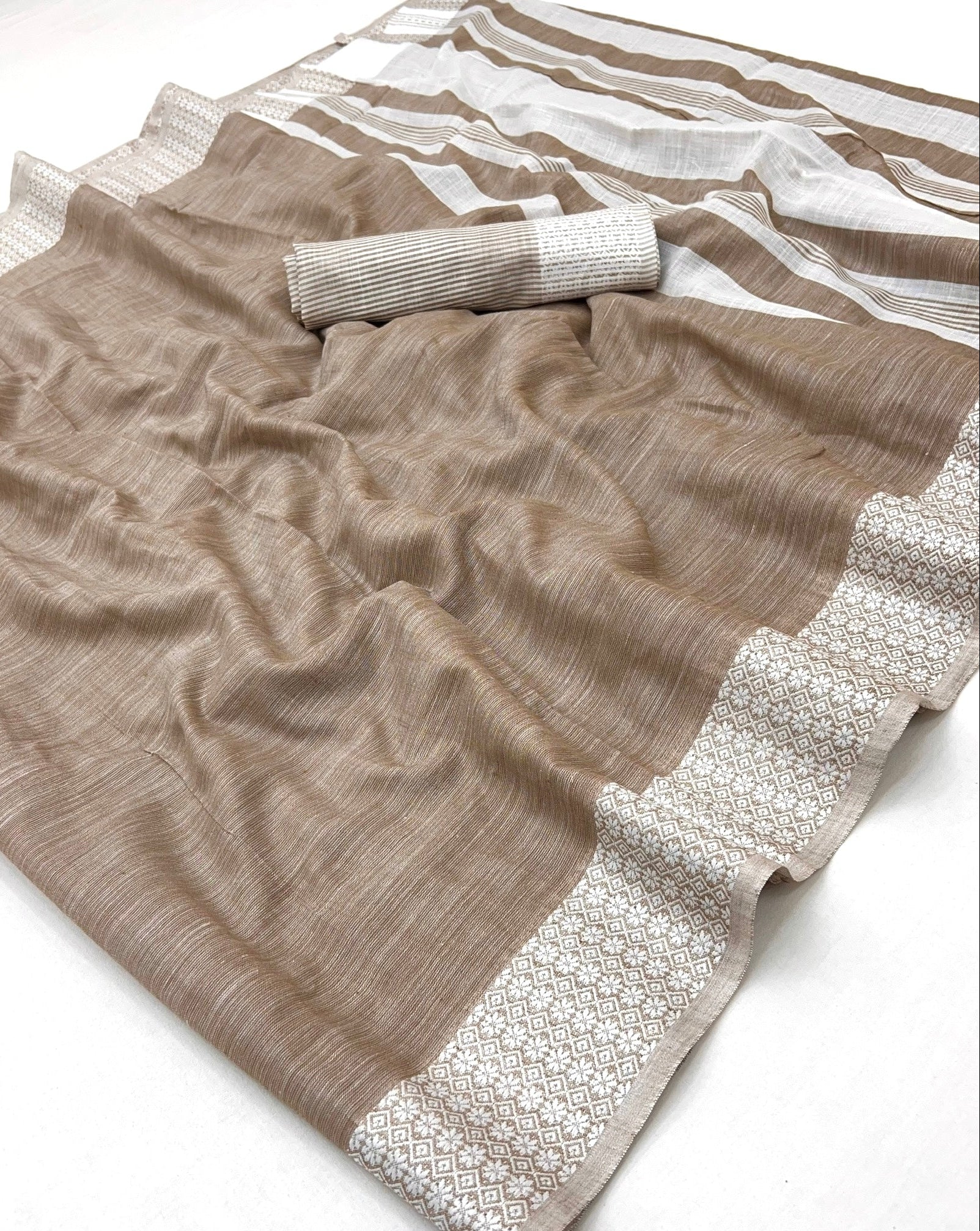 Rodeo Dust Cream Pure Handloom Woven Linen Soft Saree