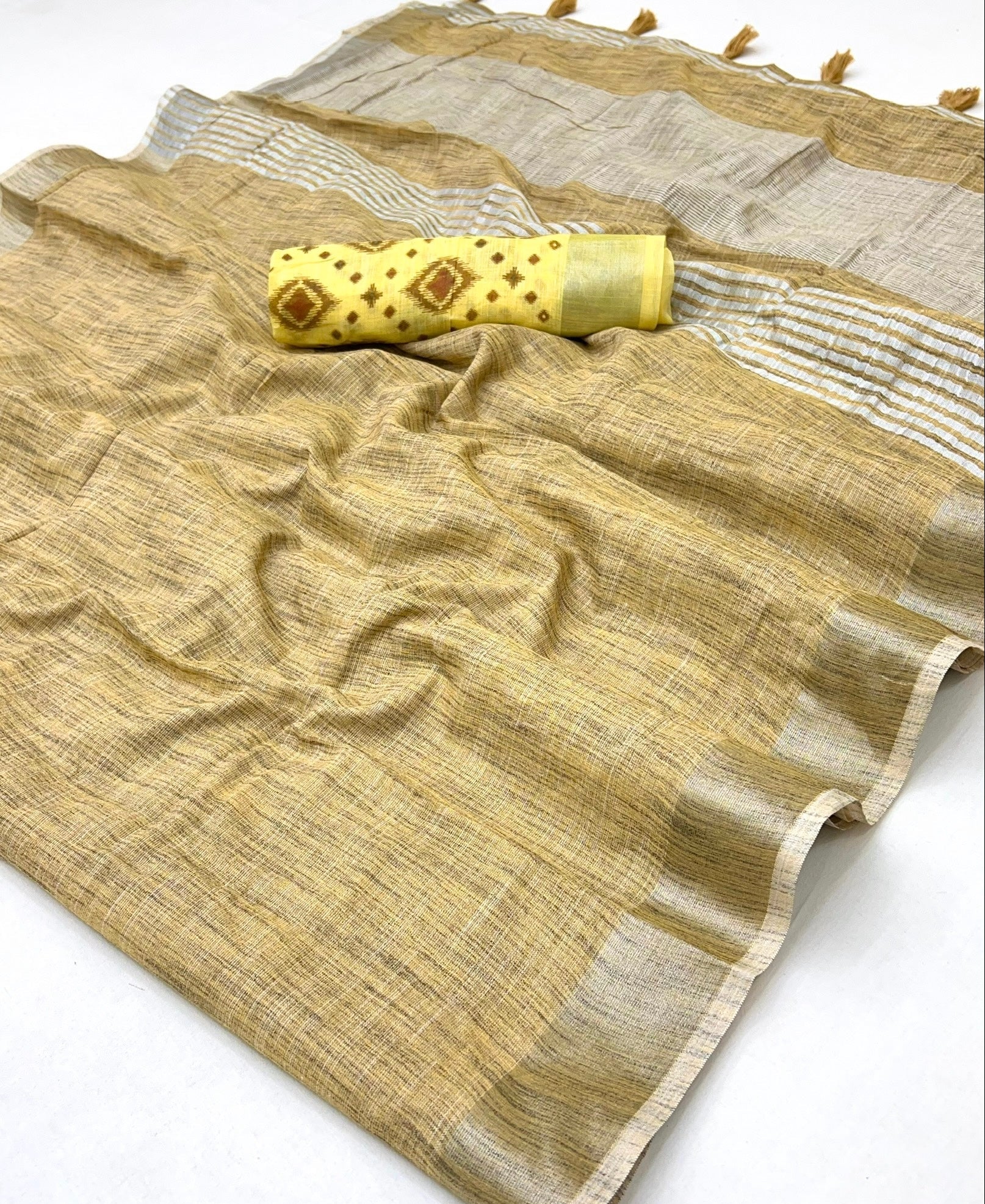 Flax Yellow Pure Handloom Woven Linen Soft Saree