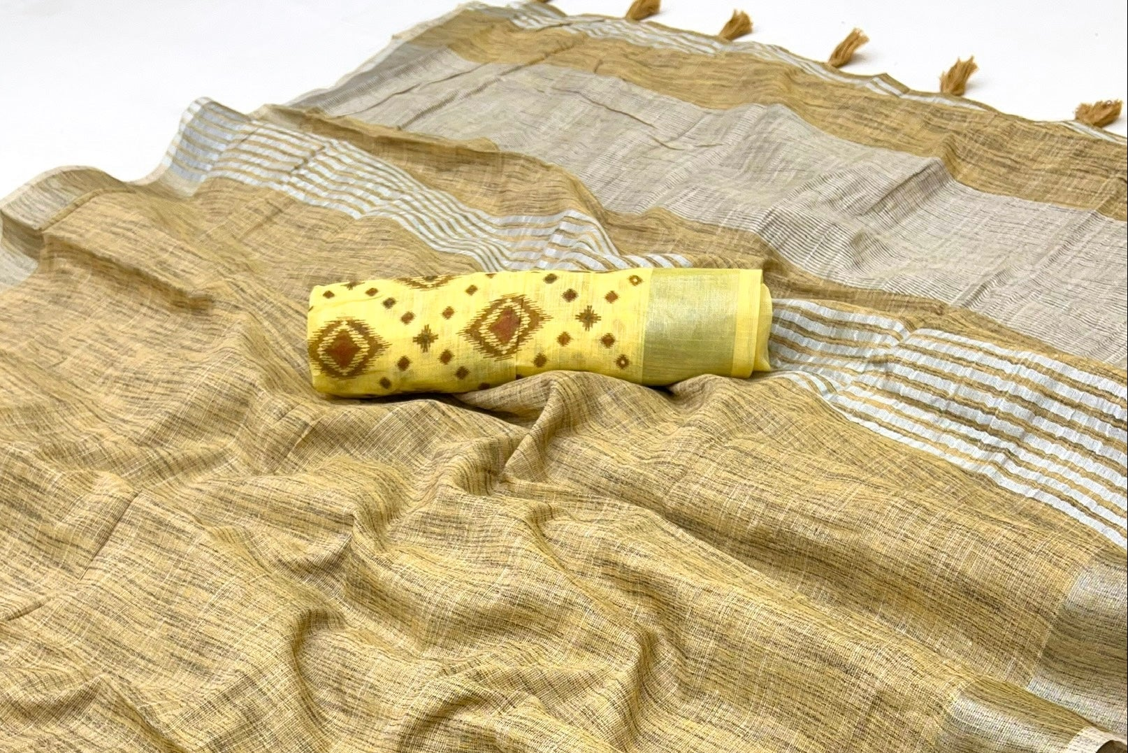 Flax Yellow Pure Handloom Woven Linen Soft Saree