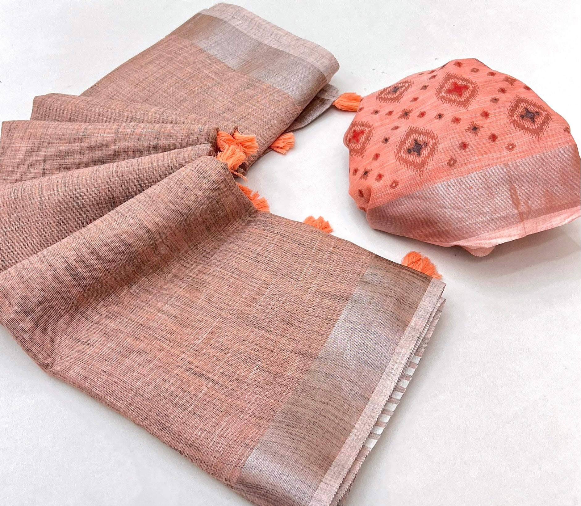 Yam Orange Pure Handloom Woven Linen Soft Saree