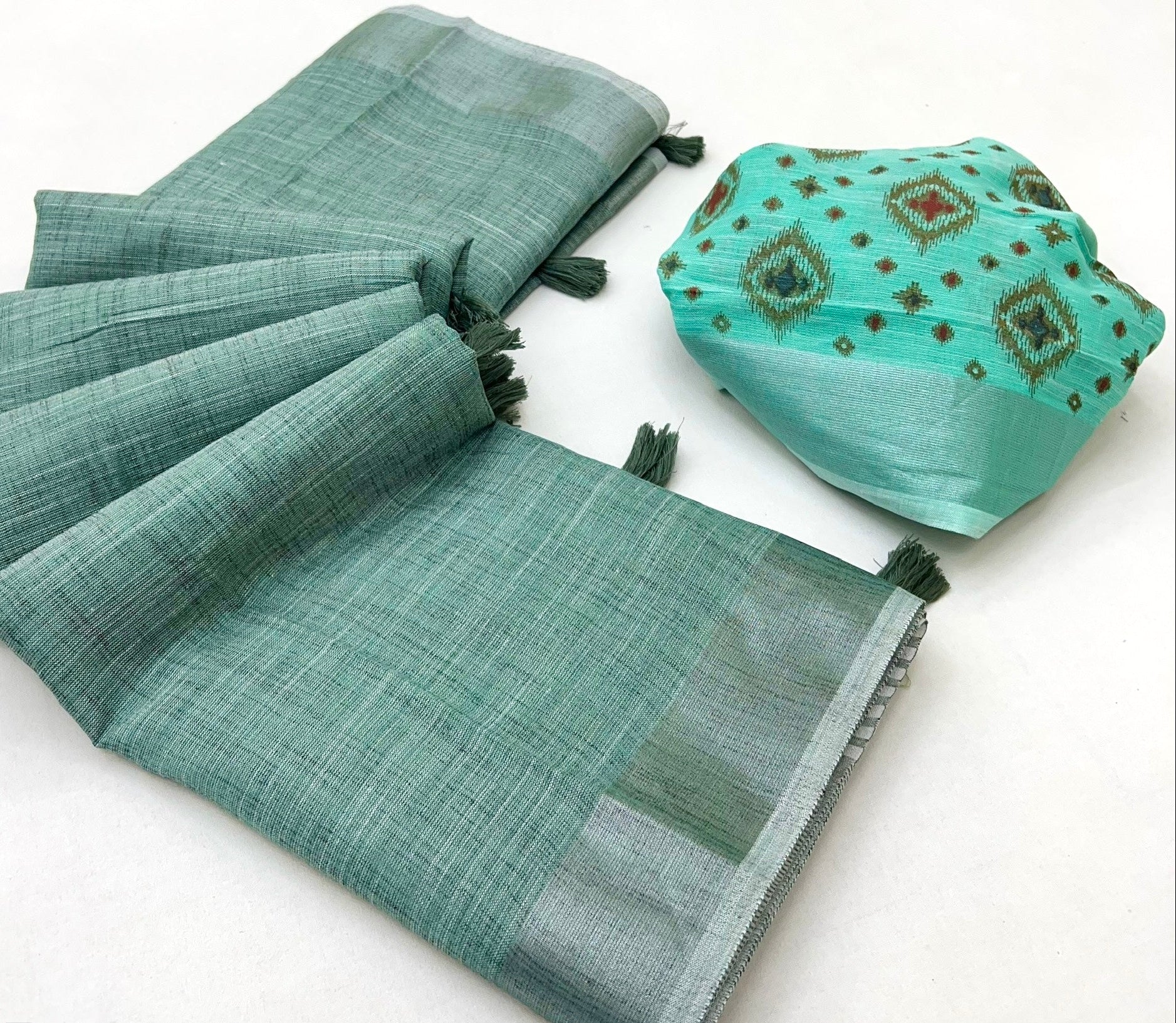 Mint Rama Pure Handloom Woven Linen Soft Saree