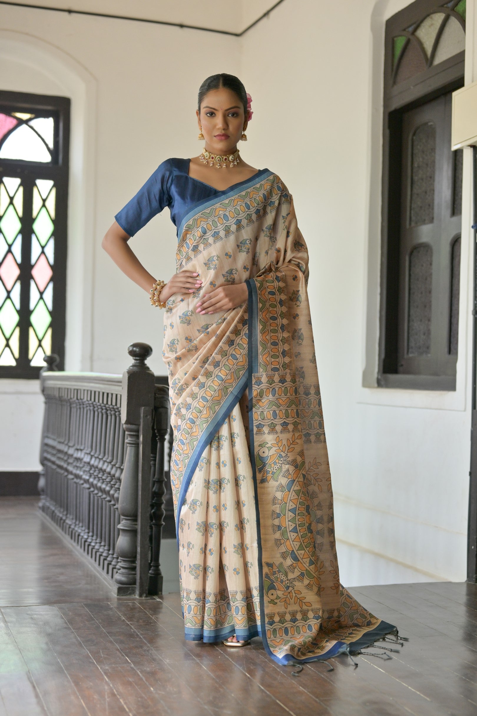 Demesne Blue Pure Loom Tusser Silk Saree With Blouse Piece