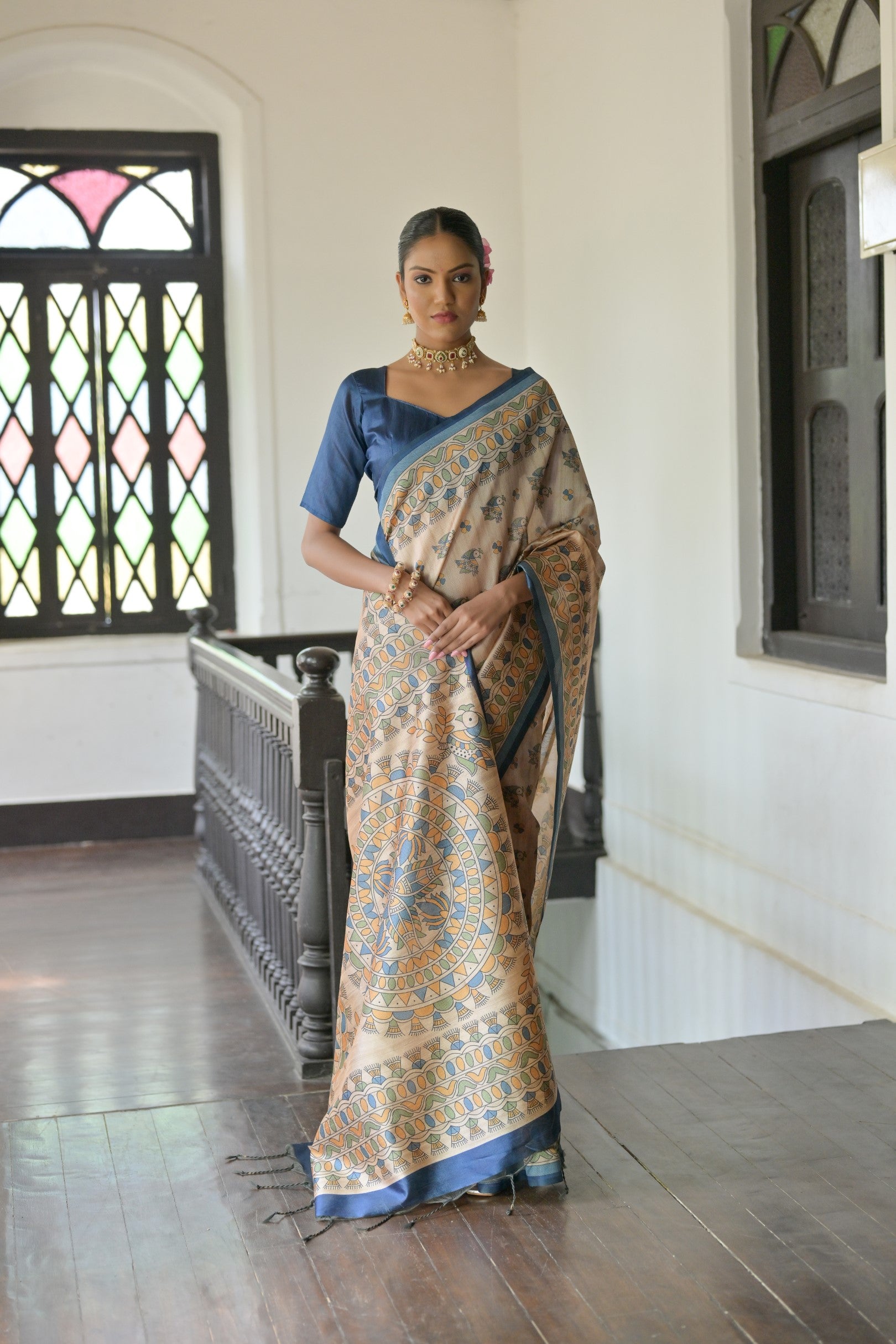 Demesne Blue Pure Loom Tusser Silk Saree With Blouse Piece