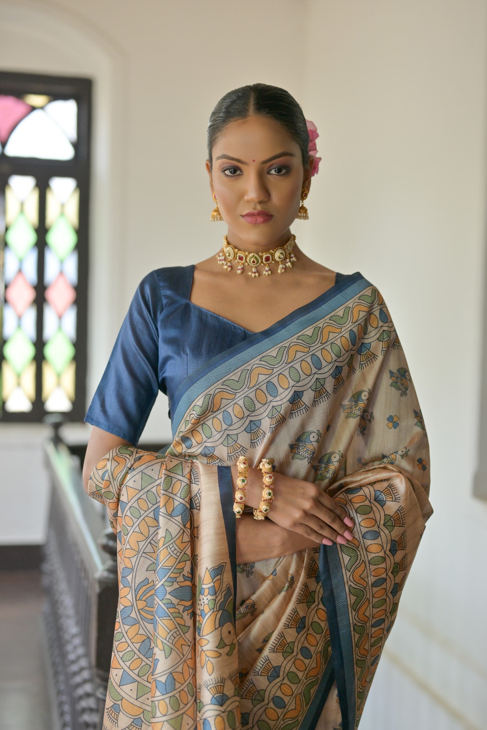 Demesne Blue Pure Loom Tusser Silk Saree With Blouse Piece