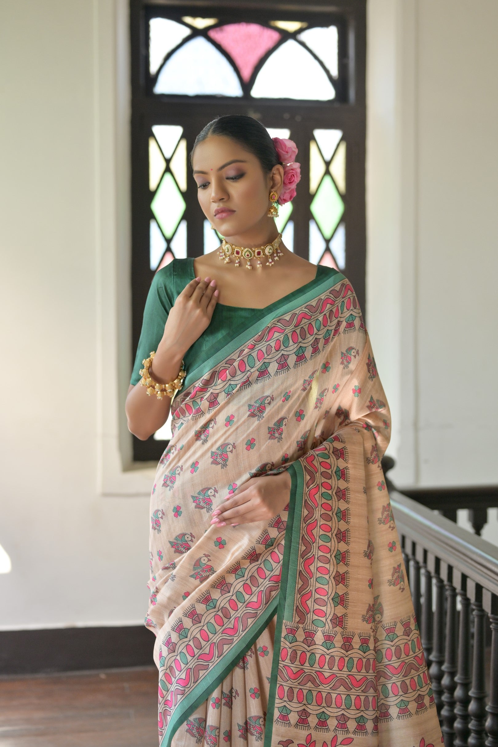 Panoply Green Pure Loom Tusser Silk Saree With Blouse Piece