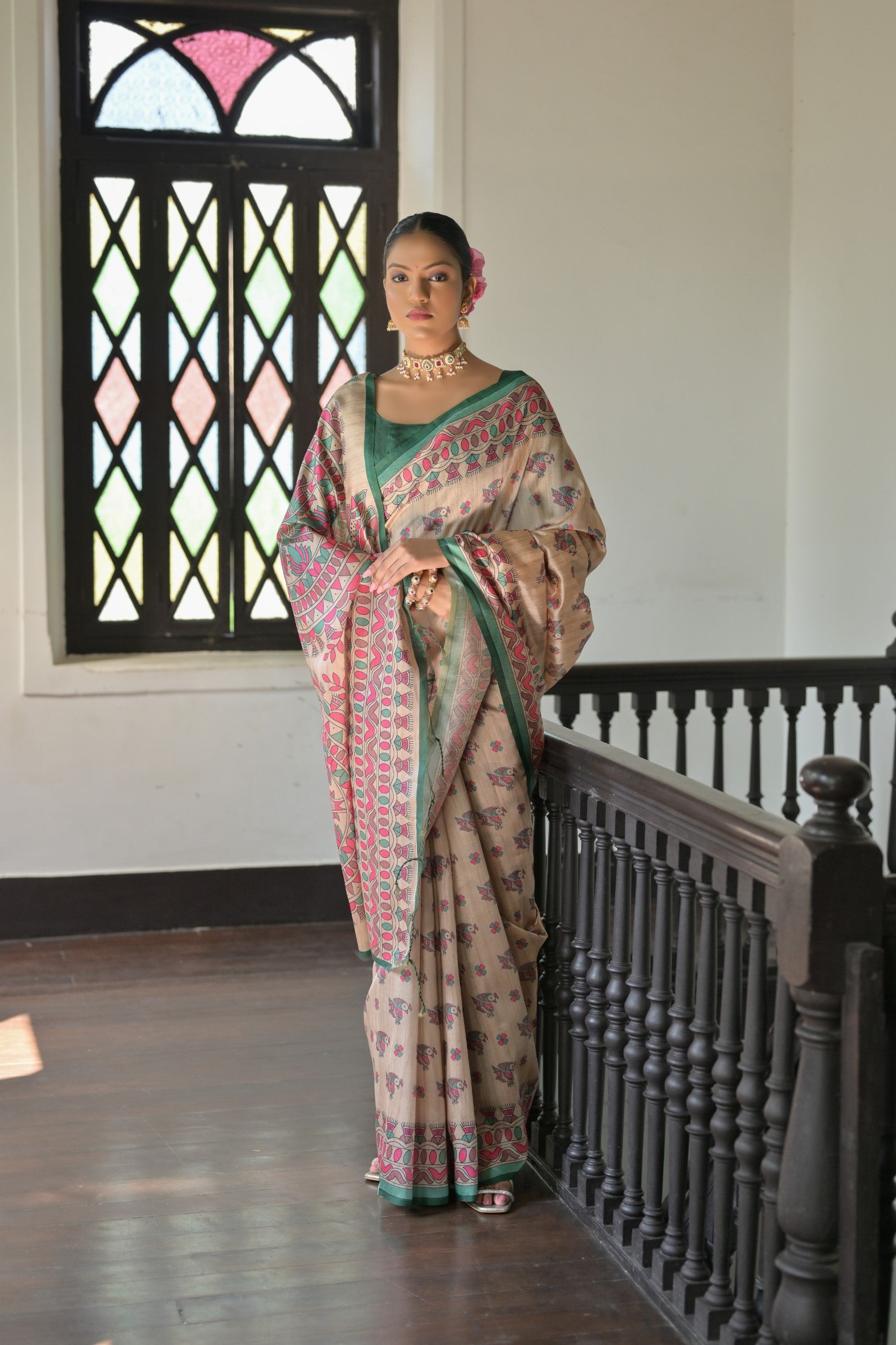 Panoply Green Pure Loom Tusser Silk Saree With Blouse Piece