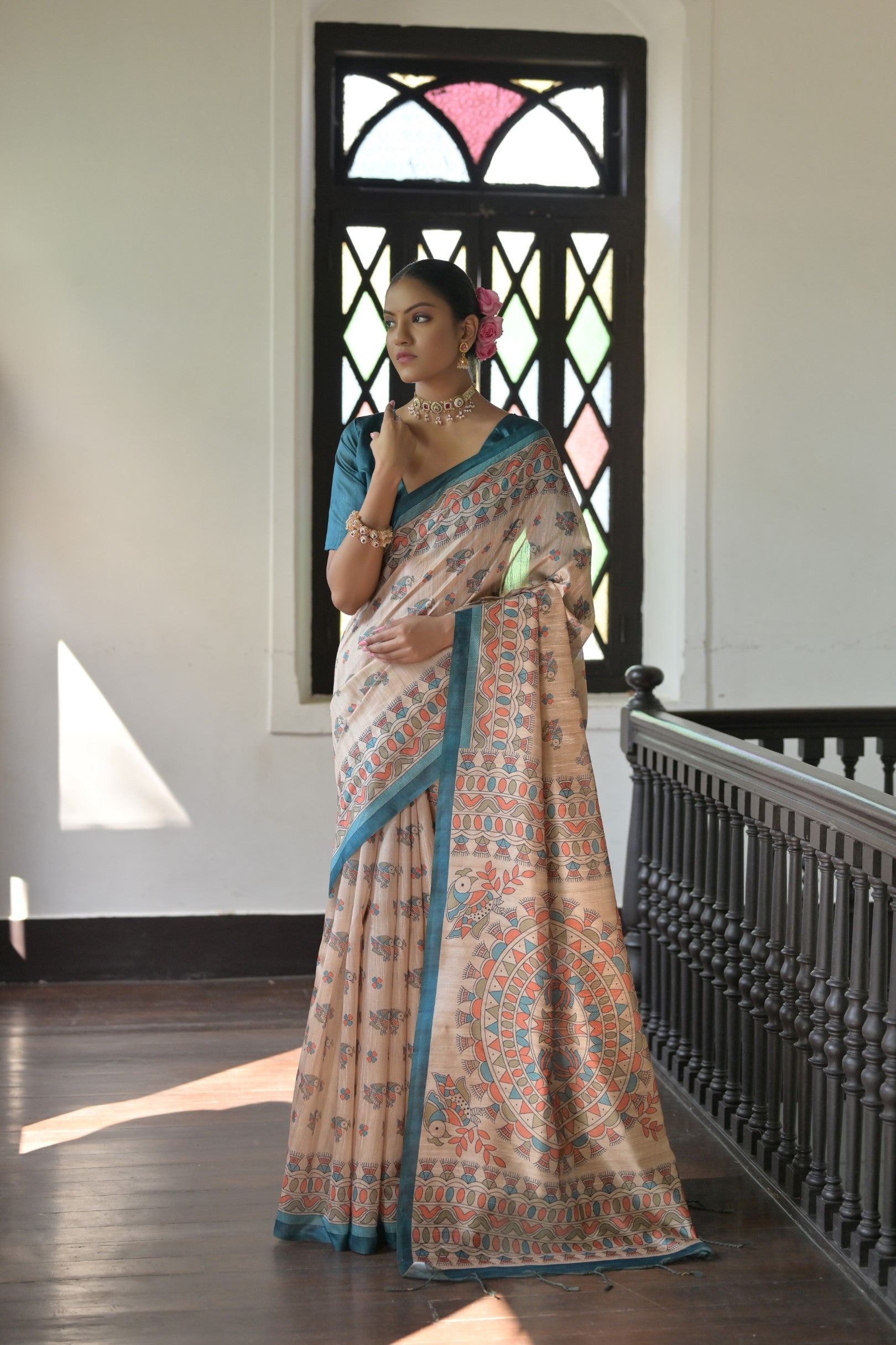 Murmurous Rama Pure Loom Tusser Silk Saree With Blouse Piece