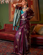 Eggplant Handloom Woven Banarasi Satin Silk Blend Saree