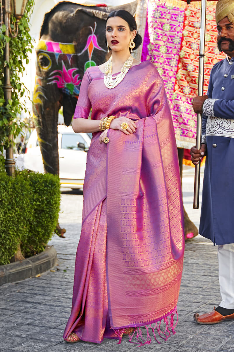 Lavender Kanjivaram Silk Saree With Skinny Blouse Piece