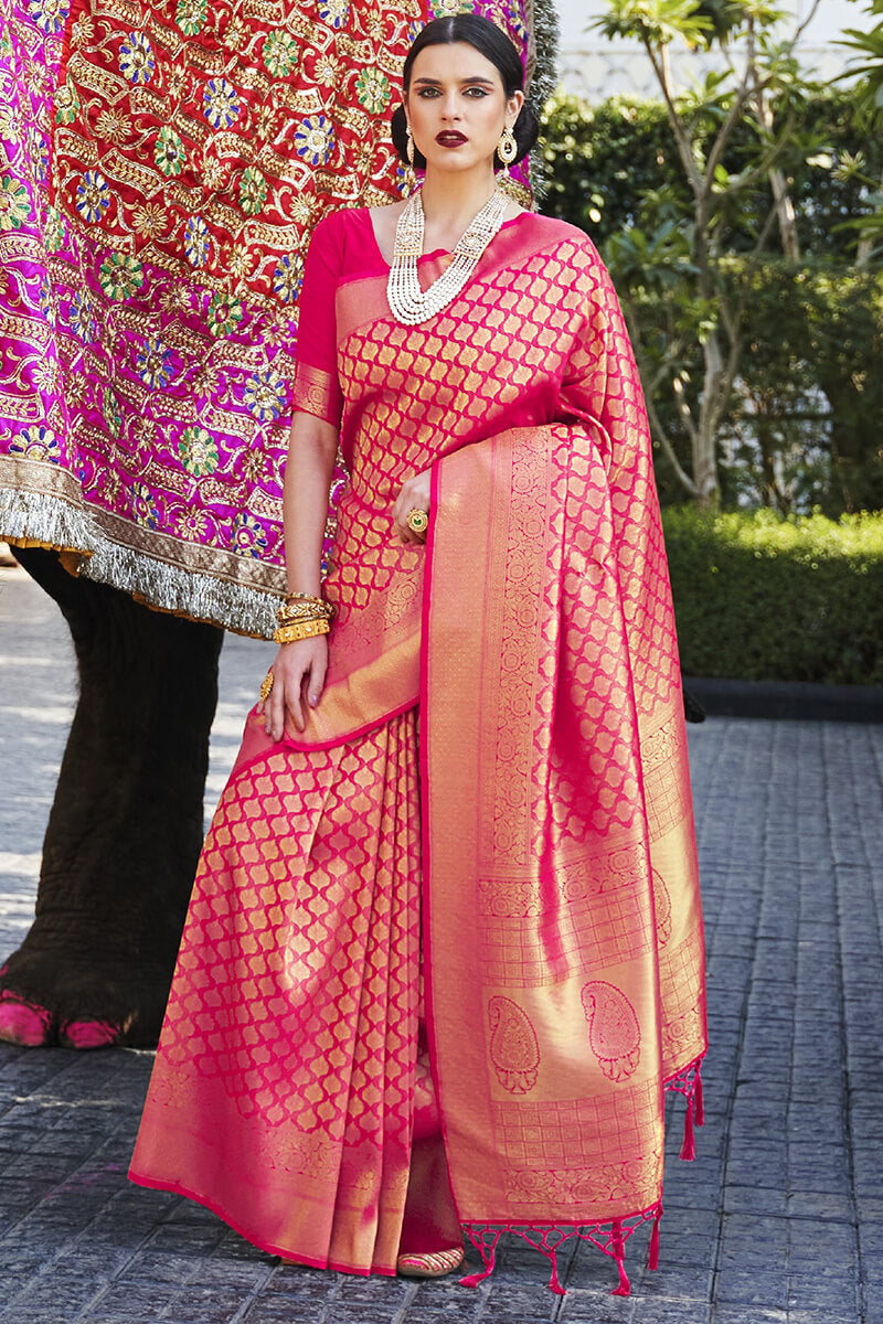 Rose Pink Kanjivaram Silk Saree With Skinny Blouse Piece