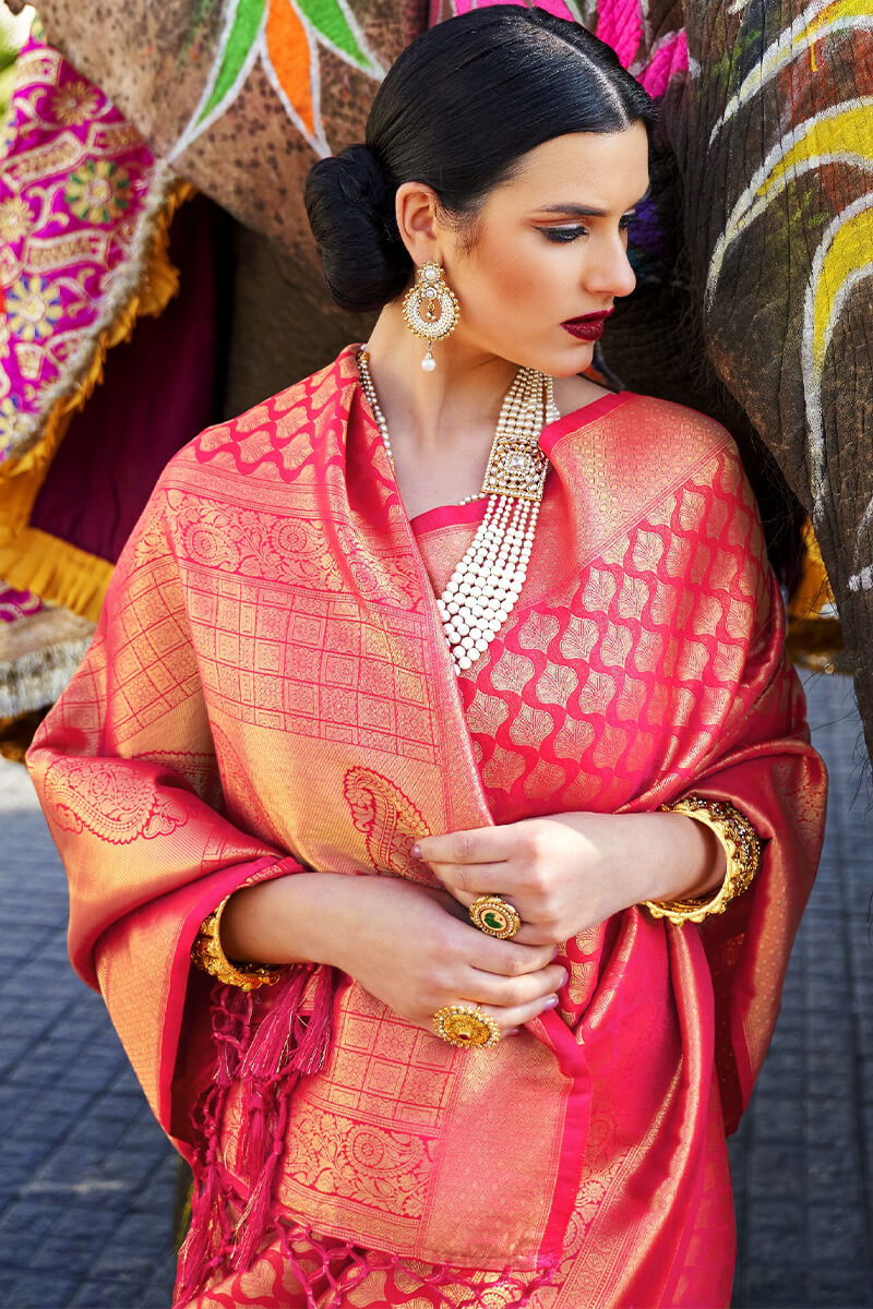 Rose Pink Kanjivaram Silk Saree With Skinny Blouse Piece