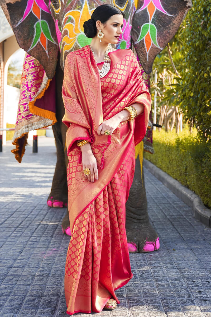 Rose Pink Kanjivaram Silk Saree With Skinny Blouse Piece