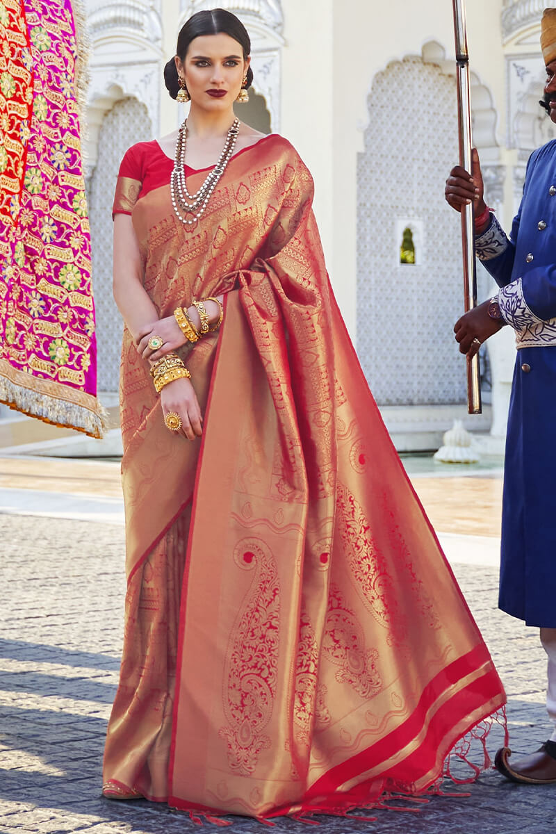 Ruby Kanjivaram Silk Saree With Skinny Blouse Piece