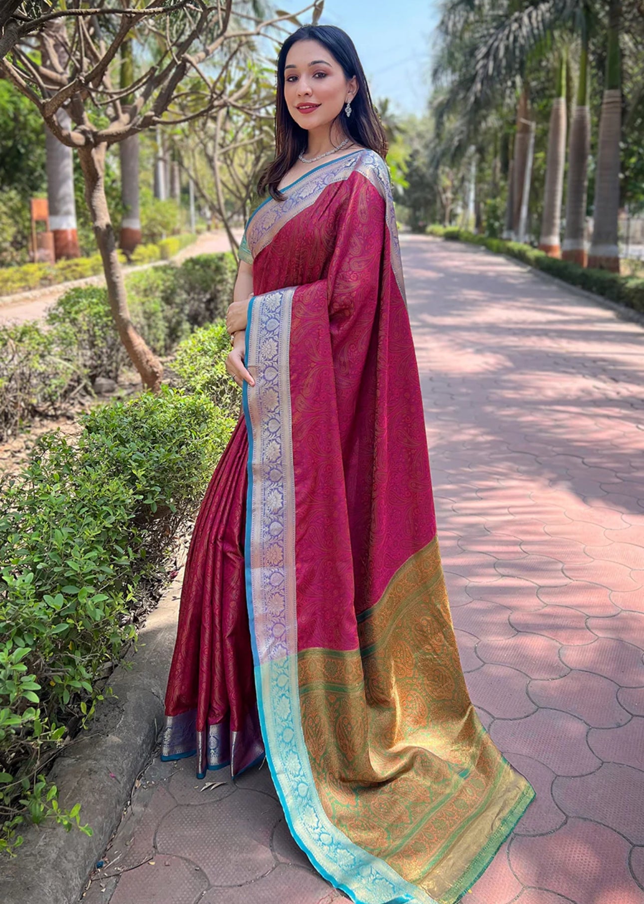 Redish pink Kashmiri Work Silk Saree With Weaving Pallu