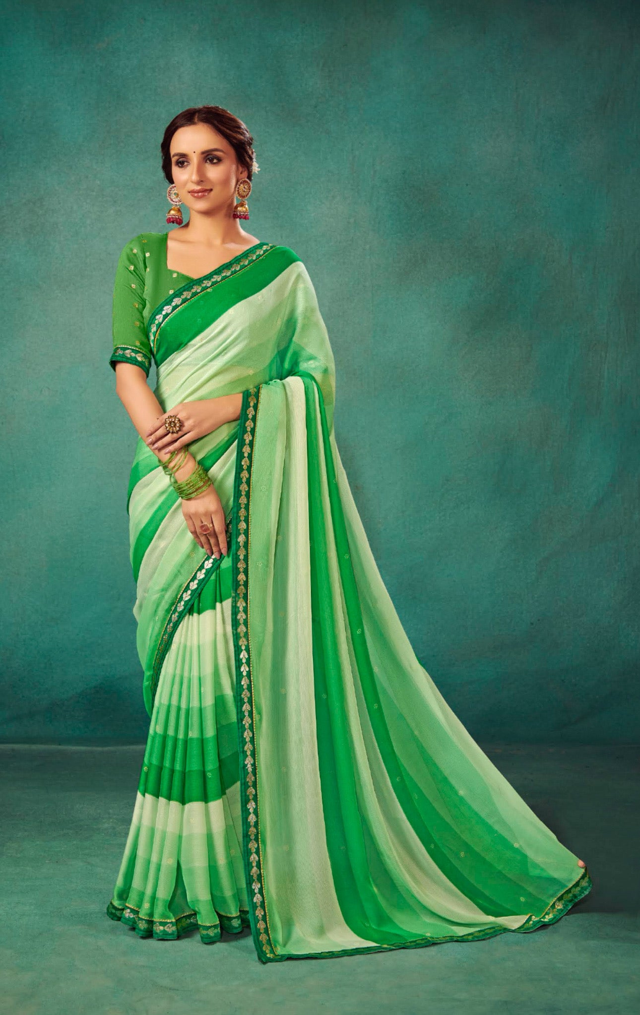 Mehndi with Pista Shaded Leriya Saree With Weaving Blouse