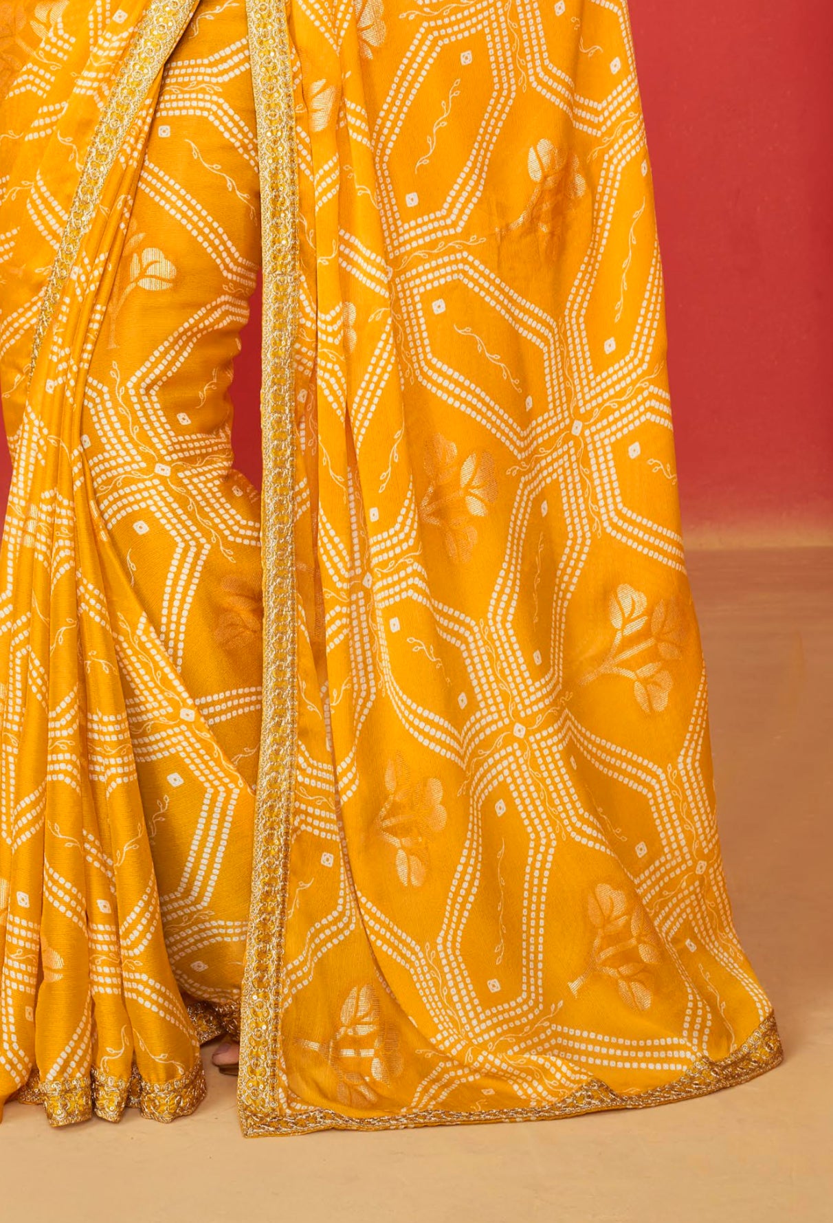 Yellow Moss Chiffon Foil Mill Print And Embroidery Work Border Saree With Fancy Work Blouse Sbs4