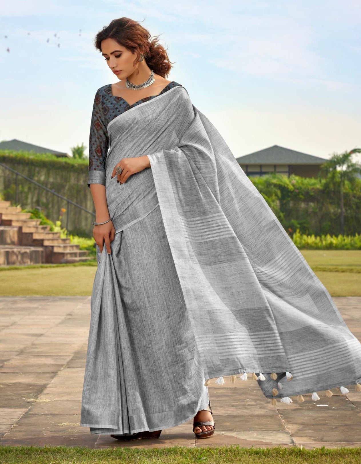 Silver Gray casual Linen Saree RP2￼