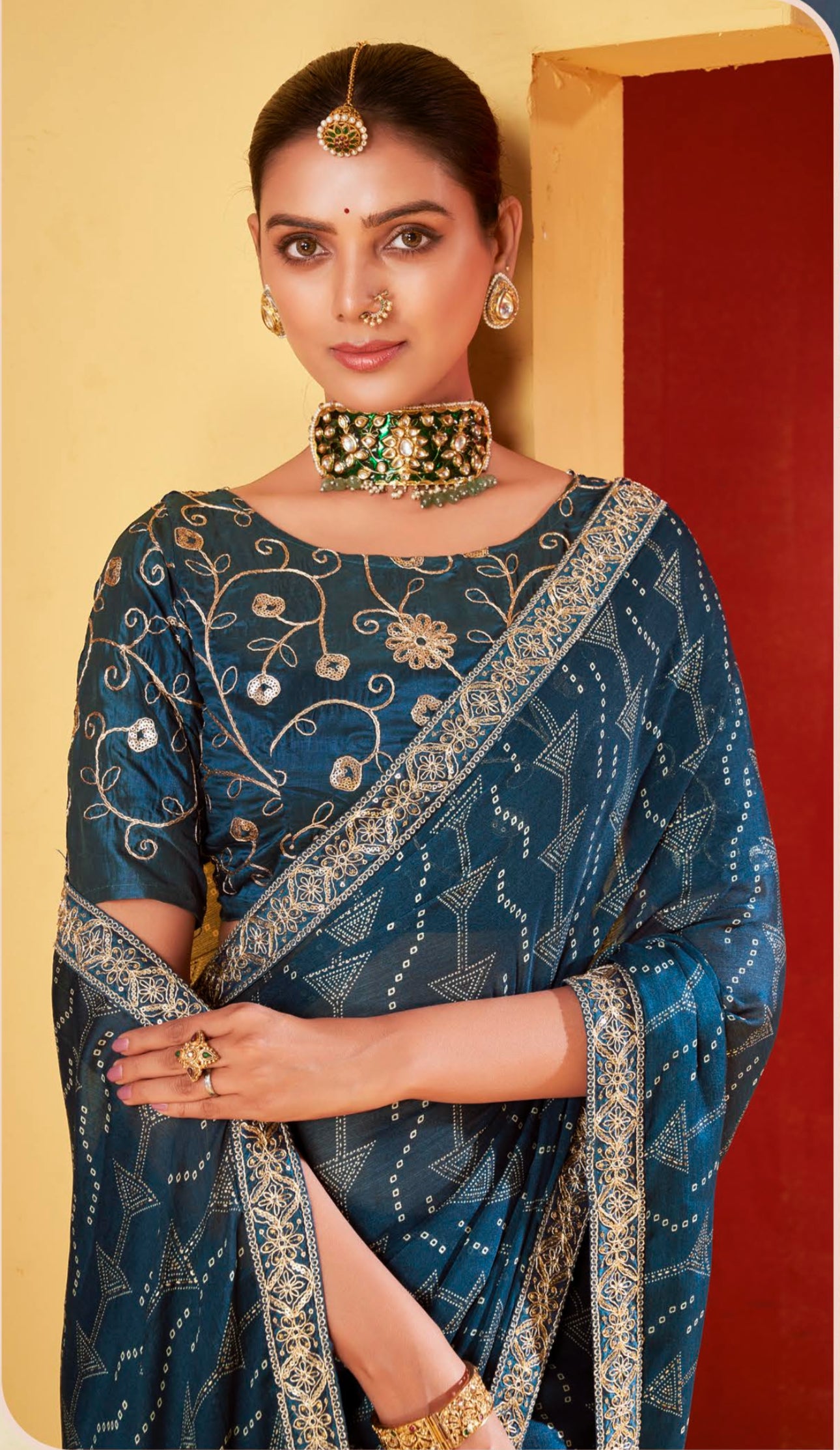 Dark Blue Gray Moss Chiffon Foil Mill Print And Embroidery Work Border Saree With Fancy Work Blouse Sbs4