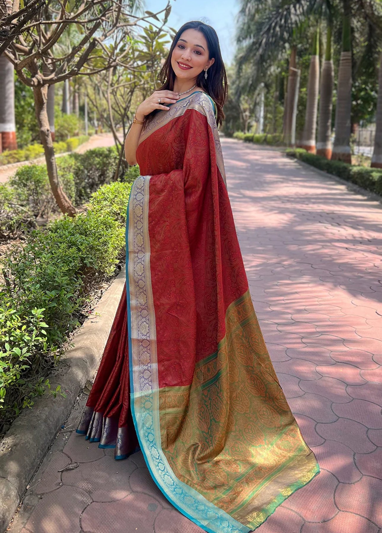 Red Tone Kashmiri Work Silk Saree With Weaving Pallu