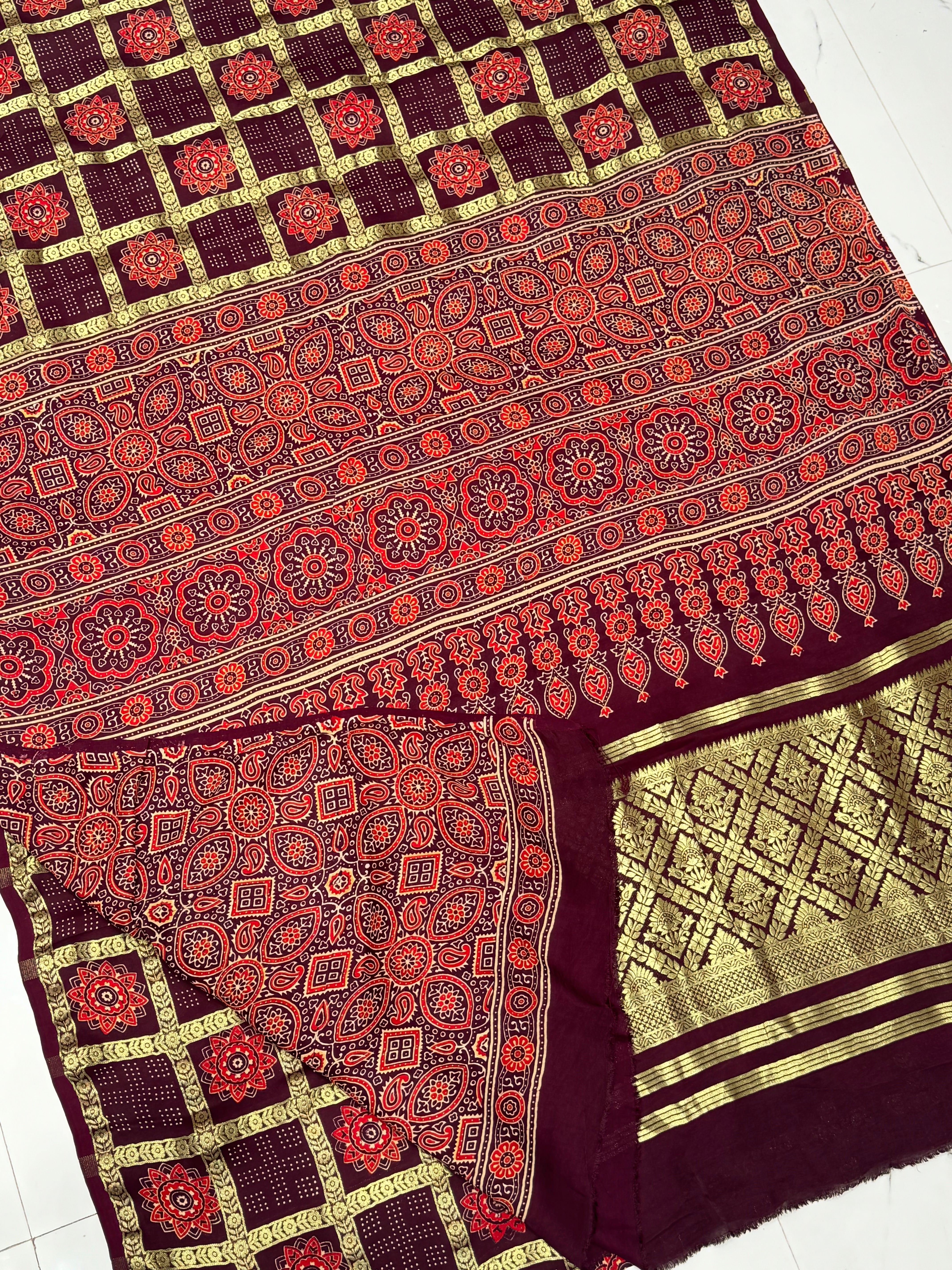 Dark Wine Gharchola Nakshi Chex Ajrakh Saree