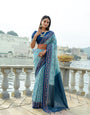 Sky Blue Soft Raw Silk Saree With Flower Printed Contrast Border