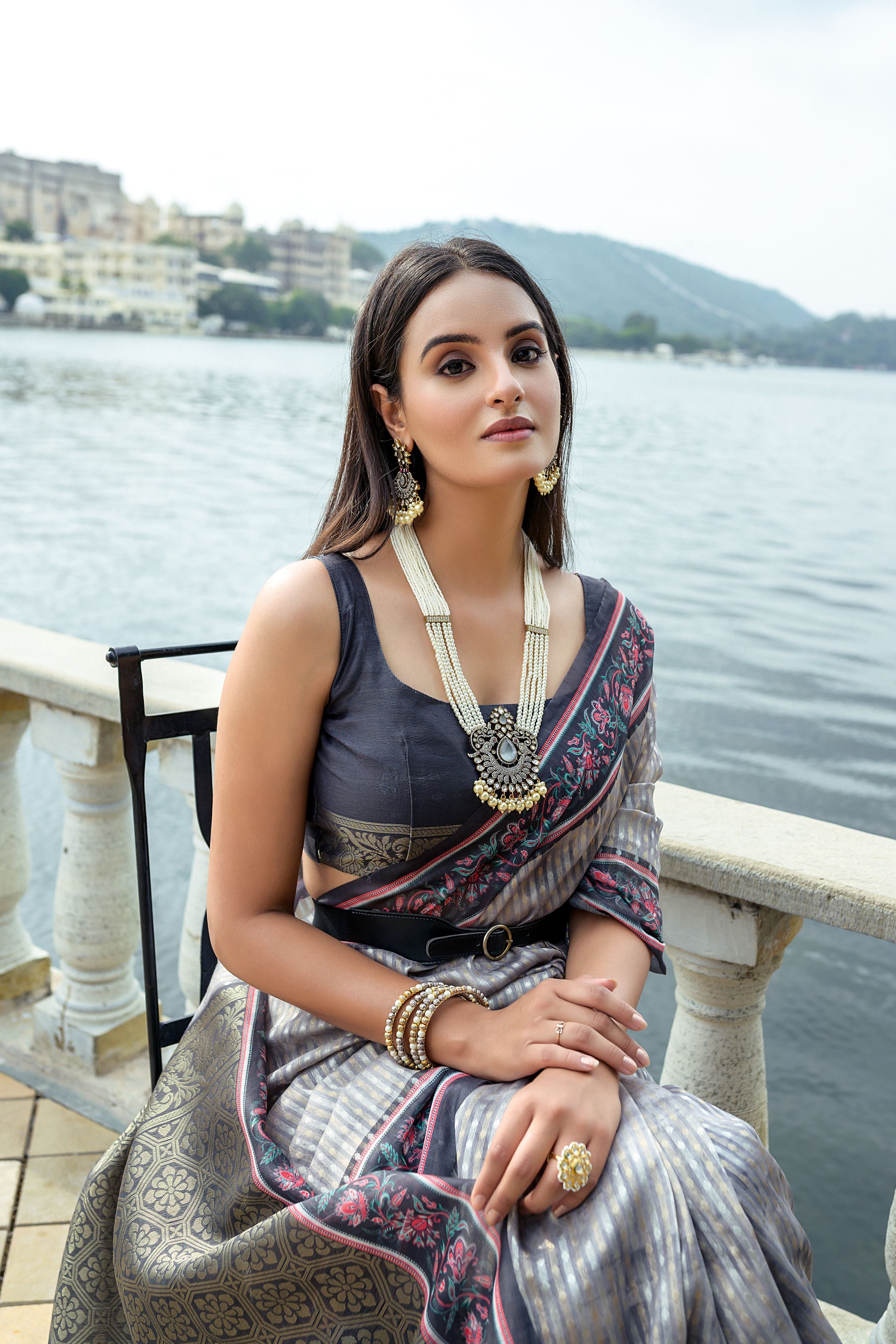 Glaucous Grey Soft Raw Silk Saree With Flower Printed Contrast Border