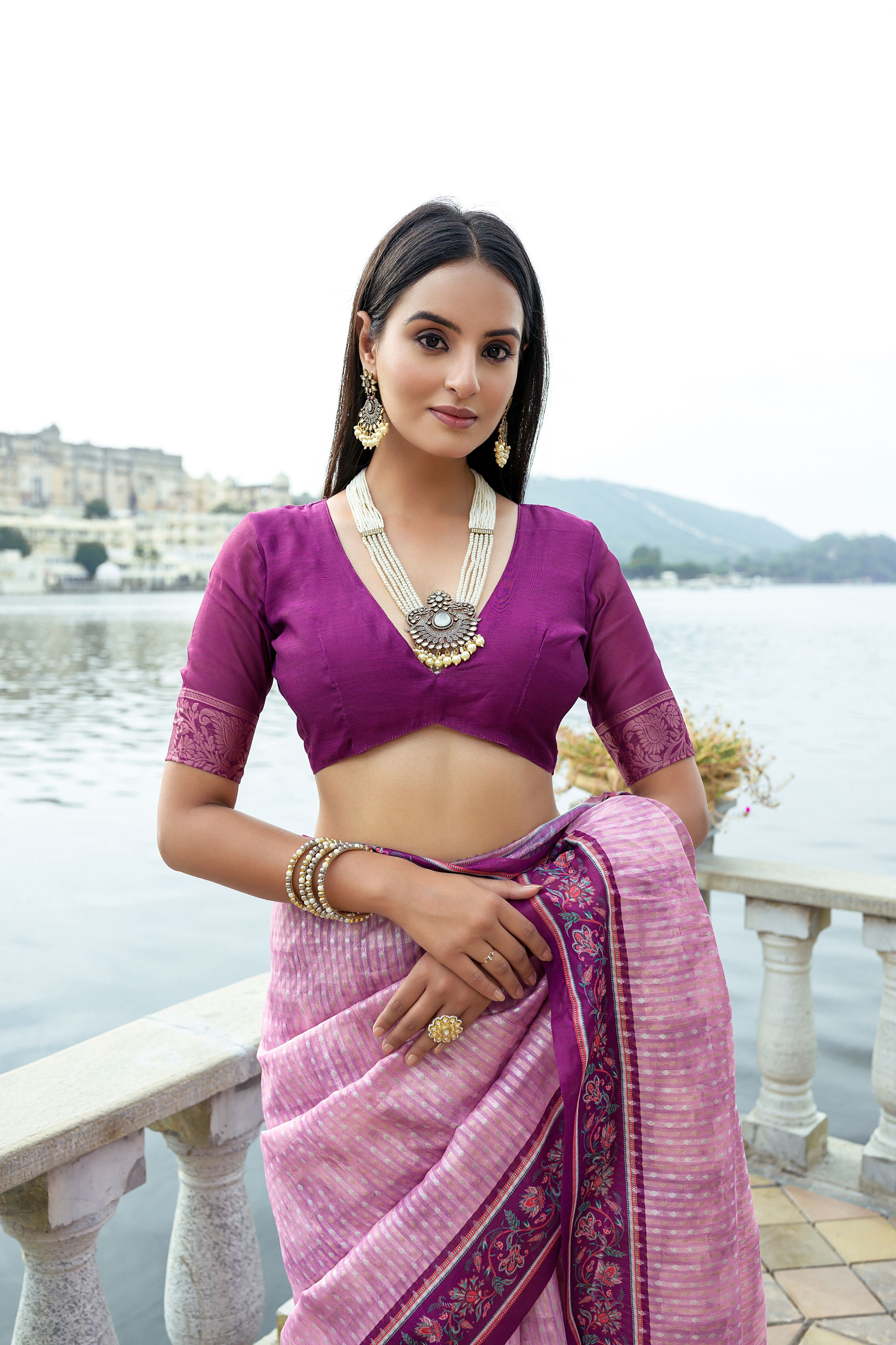 French Pink Soft Raw Silk Saree With Flower Printed Contrast Border