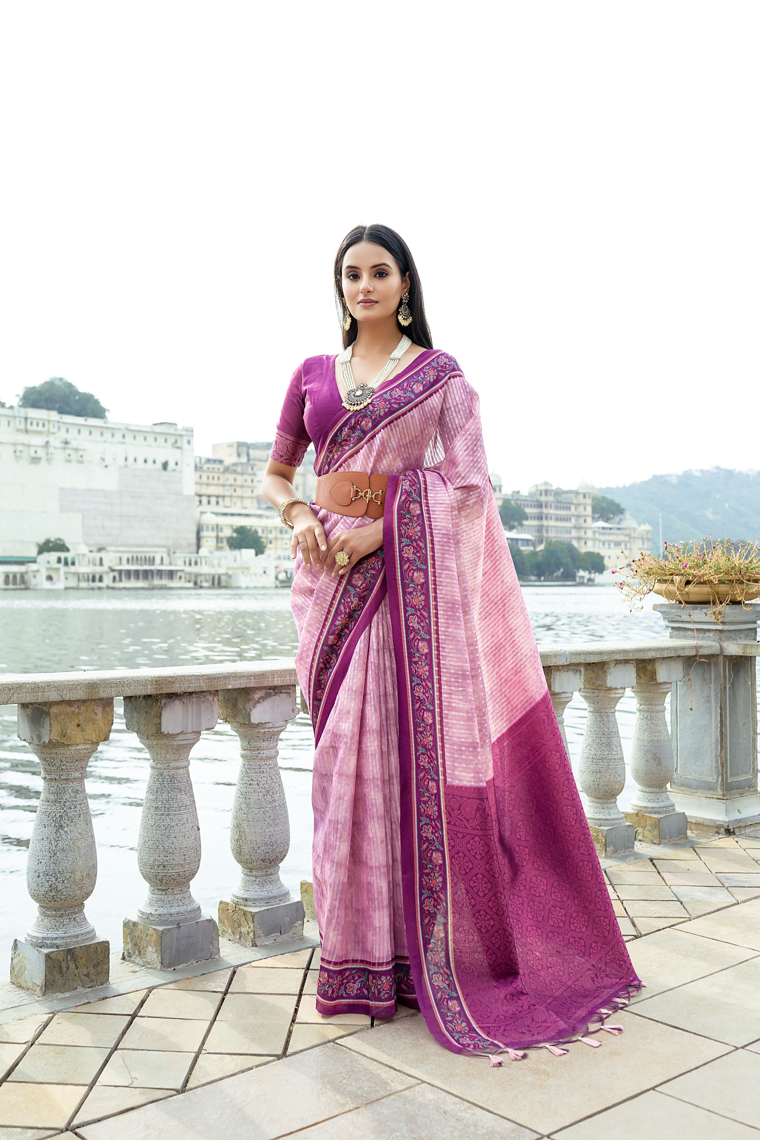 French Pink Soft Raw Silk Saree With Flower Printed Contrast Border