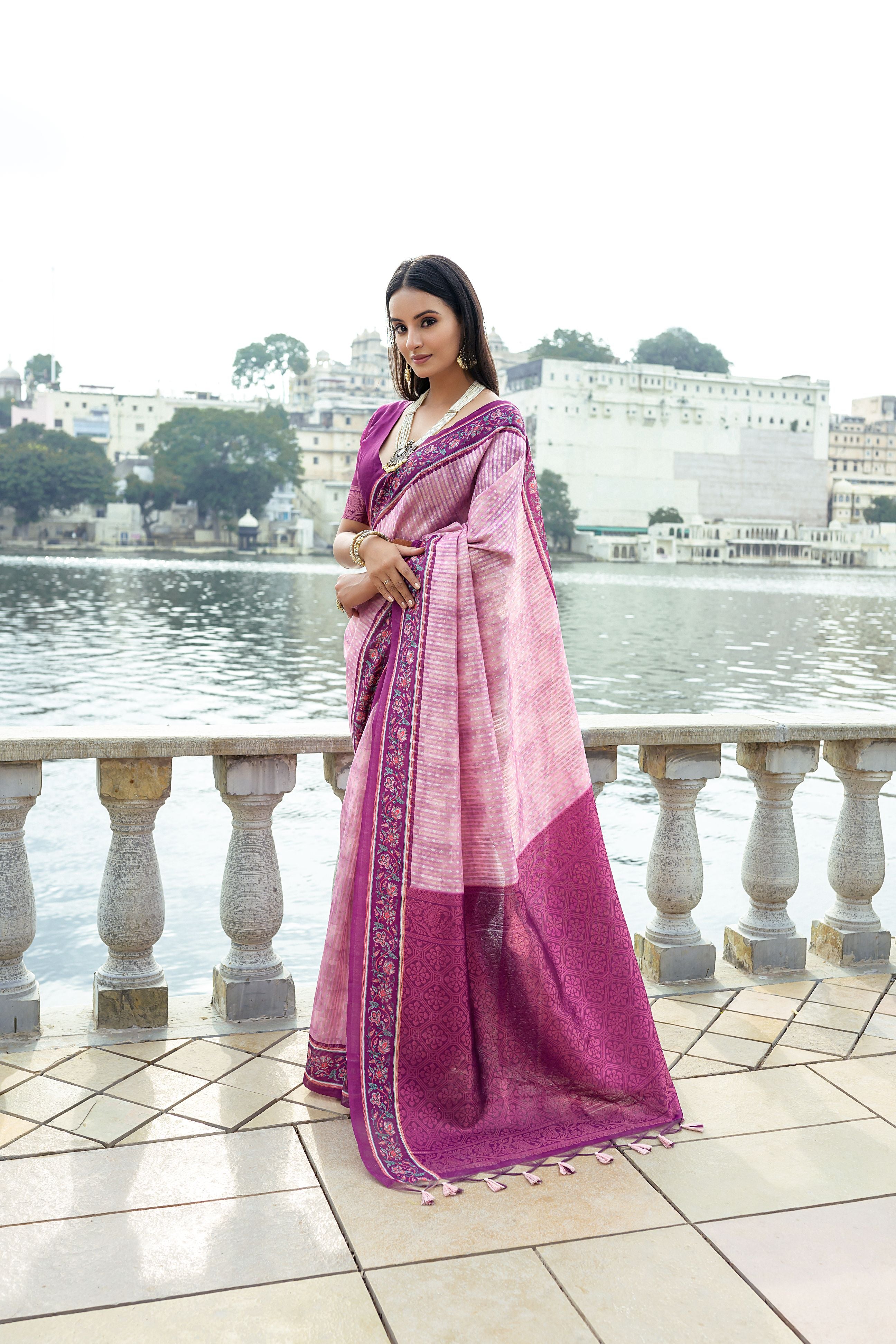 French Pink Soft Raw Silk Saree With Flower Printed Contrast Border